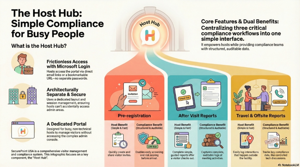 The Host Hub: Simple Compliance for Busy People. Features frictionless access with Microsoft Login, dedicated portal, and dual benefits for hosts and compliance teams.