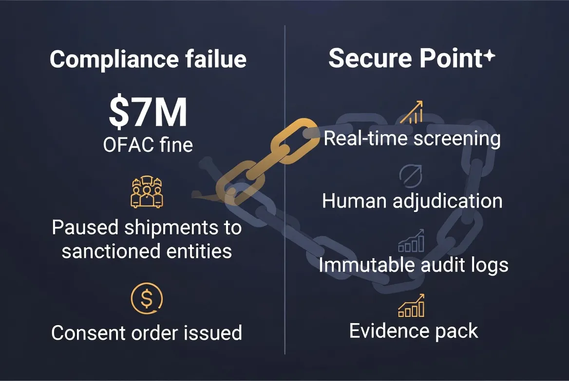 Infographic showing $7M fine cascade broken by SecurePoint controls