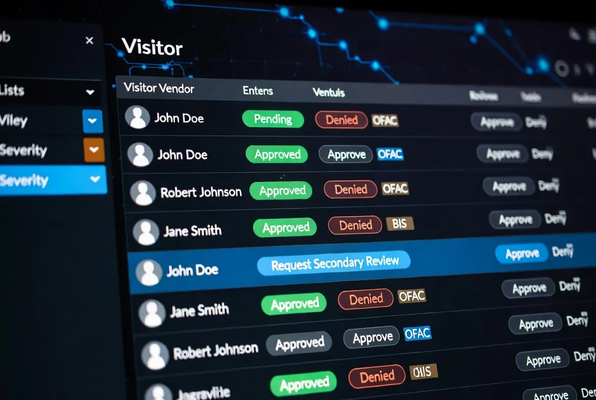 Screening queue with flagged visitors and list source badges